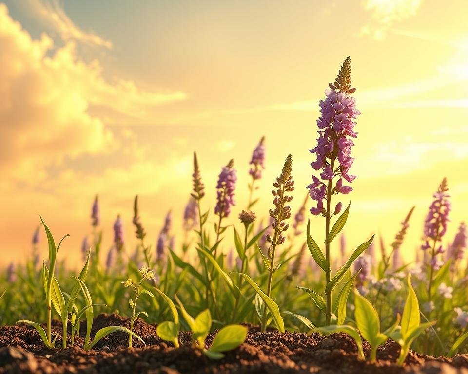 A vibrant, botanical illustration showcasing the lifecycle stages of the dream herb plant. In the foreground, delicate seedlings emerge from the soil, their leaves unfurling towards the sun. In the middle ground, lush, mature plants sway gently, their purple-hued flowers in full bloom. In the background, wispy clouds drift across a warm, golden sky, casting a soft, ethereal light upon the scene. The composition is balanced and harmonious, with a sense of natural growth and timelessness. Rendered in a detailed, naturalistic style using a high-resolution, wide-angle lens to capture the verdant, verdant splendor of this captivating plant.