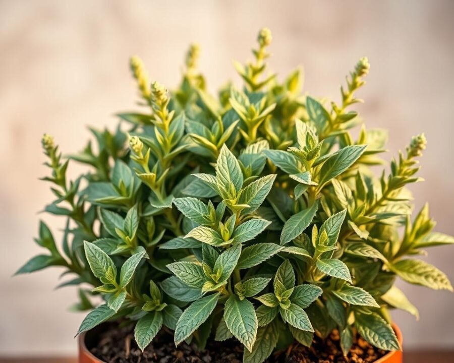 A vibrant, close-up photograph of a healthy, bushy sage plant against a soft, blurred background. The plant's lush, silvery-green leaves are sharply in focus, their delicate, serrated edges catching the warm, directional light that casts gentle shadows across the surface. The plant is potted in rich, dark soil, with a few stems gently curving upwards, showcasing the plant's natural elegance. The overall scene conveys a sense of tranquility and the calming presence of this aromatic herb, inviting the viewer to reach out and feel the soft, velvety leaves.