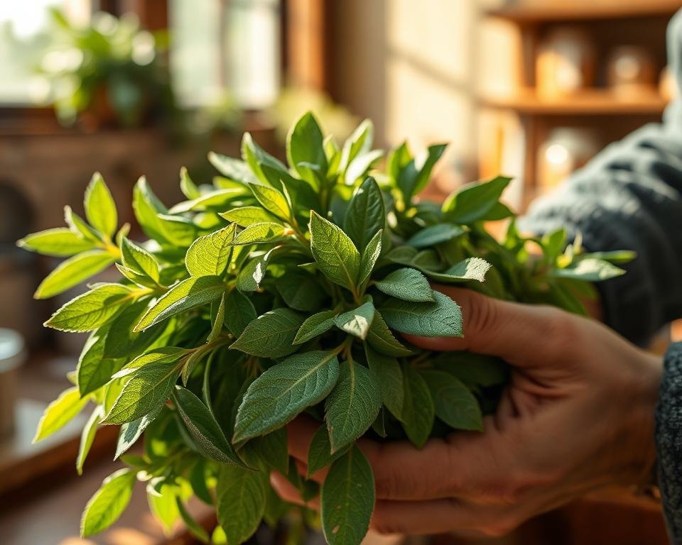 A vibrant, close-up photograph of freshly harvested sage leaves. The leaves are plump, green, and glistening with morning dew, captured in natural sunlight streaming through a kitchen window. The foreground showcases the intricate textures and serrated edges of the leaves, while the middleground features a pair of weathered gardener's hands carefully holding the bundle. The background hints at a rustic, sun-dappled interior, with wooden shelves and jars in the periphery, creating a sense of warmth and domesticity. The overall mood is one of abundance, vitality, and the satisfying ritual of harvesting the flavorful herb at the peak of its season.