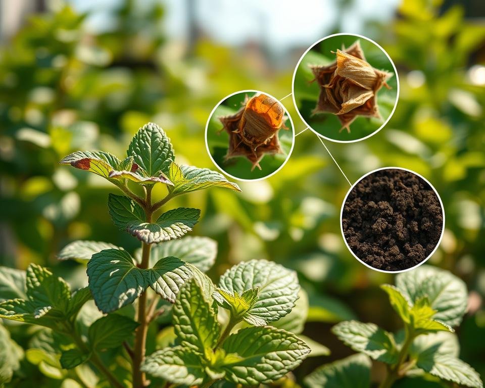 A vibrant, close-up shot of a chocolate mint plant struggling with common issues. The foreground features the plant's dark green leaves, with the tell-tale discoloration and wilting indicative of troubleshooting needs. The middle ground showcases magnified views of potential problems, such as pest damage, nutrient deficiencies, or soil pH imbalances. The background provides a blurred, but lush, herb garden setting, hinting at the plant's ideal growing environment. Warm, natural lighting casts soft shadows, creating depth and emphasizing the plant's textures. The overall mood is one of inquiry and problem-solving, inviting the viewer to investigate and diagnose the chocolate mint's woes.