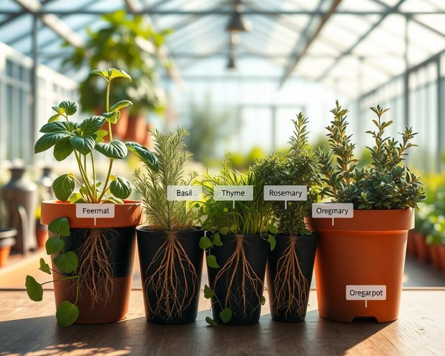 A vibrant, detailed botanical illustration showcasing the root depth comparison of various potted herbs. The foreground features an artful arrangement of potted herbs, including basil, thyme, rosemary, and oregano, their root systems exposed in cross-section. The middle ground highlights the contrasting root depths, with labels indicating the ideal pot size for each herb. The background depicts a serene, light-filled greenhouse setting, with soft natural lighting casting gentle shadows. The overall composition conveys a sense of scientific study and gardening expertise, complementing the informative nature of the "Ideal Pot Sizes for Different Herbs" section.