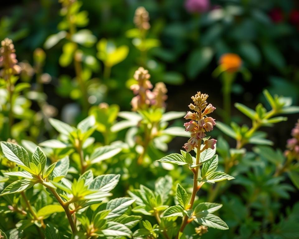 A vibrant, detailed image of various oregano plants, showcasing their essential care tips. In the foreground, a healthy oregano plant with lush, green leaves, gently illuminated by soft, natural lighting. In the middle ground, a close-up of the plant's stem and flowers, revealing their delicate structure and vibrant hues. In the background, a serene garden setting with other herbs and plants, creating a cohesive and visually appealing composition. The overall mood is one of tranquility and focus on the beauty and cultivation of this versatile herb. The image should convey the essential information needed to properly care for and maintain a thriving oregano plant.