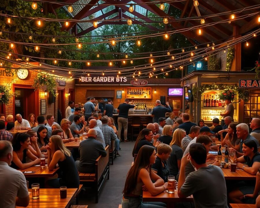 A vibrant, energetic beer garden scene with lively patrons gathered around wooden tables and benches. Strings of warm fairy lights crisscross overhead, casting a soft, inviting glow across the space. In the foreground, groups of friends and families enjoy craft beers and hearty pub fare, their animated conversations and laughter creating a lively, convivial atmosphere. The middle ground features a bustling bar area with bartenders efficiently serving beverages, while in the background, a live band plays upbeat, rhythmic music on a small stage, drawing the crowd's attention. The lighting is a harmonious blend of natural daylight and the cozy ambiance of the illuminated decor, evoking a welcoming, festive mood. The overall composition captures the spirit of a popular, thriving community hangout.