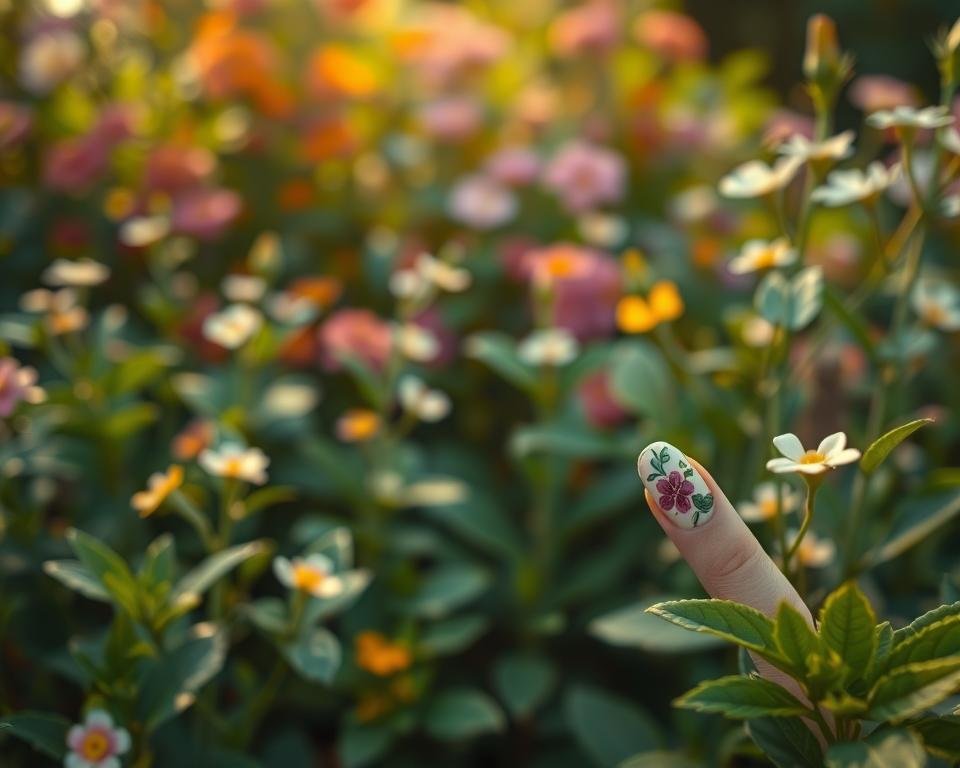 A vibrant garden bursting with lush foliage and delicate blooms, captured in a close-up shot. In the foreground, a set of manicured nails adorned with intricate floral designs, each petal and leaf meticulously rendered in a range of natural hues. The lighting is soft and diffused, creating a dreamy, ethereal atmosphere that highlights the delicate textures and intricate patterns. The background is slightly blurred, drawing the viewer's focus to the intricate nail art, which appears to be a natural extension of the garden itself. The overall composition conveys a sense of tranquility and harmony, inviting the viewer to immerse themselves in the beauty of nature's artistry.