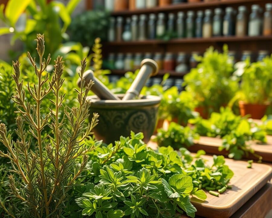 A vibrant garden filled with lush, verdant herbs takes center stage. In the foreground, sprigs of rosemary, thyme, and oregano are artfully arranged, their leaves glistening under warm, natural lighting. The middle ground showcases a mortar and pestle, grinding fragrant herbs into a paste, while a cutting board nearby holds freshly chopped parsley and chives. In the background, jars and bottles line the shelves, hinting at the myriad ways these homegrown herbs can be used, from aromatic teas to soothing salves. The scene radiates a sense of creativity, inviting the viewer to imagine the endless possibilities of these versatile plants.