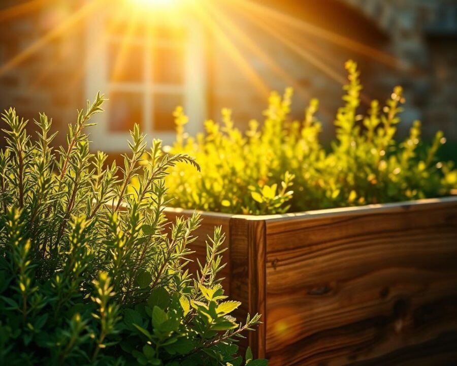 A vibrant herb garden basking in warm, golden sunlight. Lush, verdant foliage of rosemary, thyme, and oregano fills the foreground, their delicate leaves gently swaying in a soft breeze. The middle ground features a rustic wooden planter box, its weathered surface complementing the earthy tones of the herbs. In the background, a stone wall or fence creates a natural, serene backdrop, allowing the sunlight to filter through and cast a magical glow over the entire scene. The overall mood is one of tranquility and nourishment, inviting the viewer to imagine the sights, scents, and flavors of a thriving herb garden.