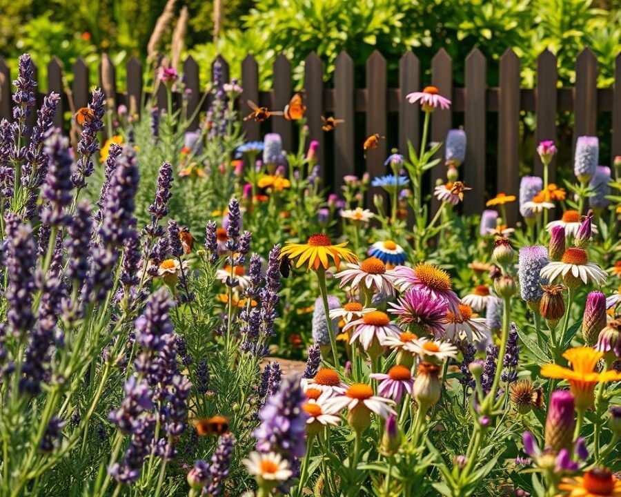 A vibrant herb garden, bursting with life and color, beckons pollinators to explore its lush bounty. In the foreground, a diverse array of fragrant herbs - lavender, rosemary, thyme, and mint - sway gently in a soft breeze, their petals shimmering in the warm afternoon sunlight. Bees and butterflies flit from bloom to bloom, pollinating the plants and contributing to the thriving ecosystem. The middle ground features a mix of taller, flowering plants like echinacea and borage, creating a charming, cottage-garden aesthetic. In the background, a picturesque wooden fence and lush, verdant foliage frame the scene, evoking a sense of tranquility and natural harmony. The overall mood is one of abundance, vitality, and the delicate balance between humans and the natural world.