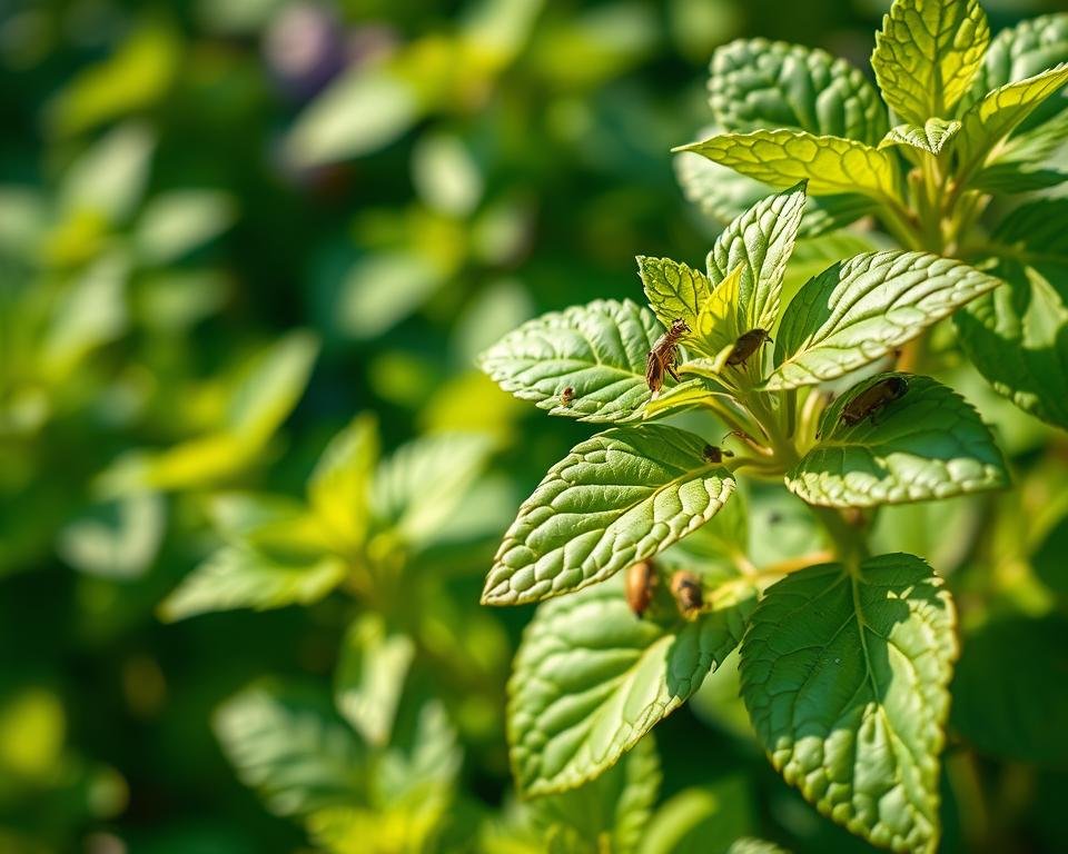 A vibrant lush garden backdrop, with a close-up focus on a lemon balm plant infested with pests. Soft natural lighting from the side illuminates the texture of the leaves, revealing small insects crawling and feeding on the foliage. The shallow depth of field blurs the background, drawing the viewer's attention to the detailed infestation. Crisp, high-resolution details showcase the pests' intricate features, their movements, and the damage they inflict on the delicate lemon balm leaves. An overall sense of concern and the need for effective pest control solutions is conveyed through the realistic, documentary-style composition.