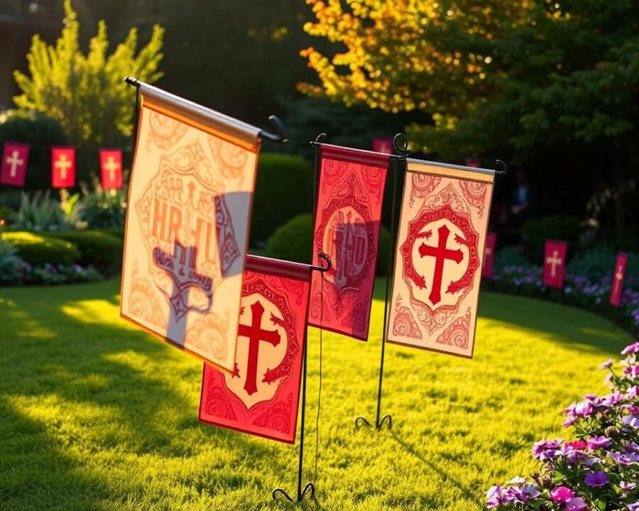 A vibrant, lush garden with a variety of colorful garden flags of different sizes displayed prominently. The flags feature intricate religious designs and patterns, casting warm, inviting shadows across the well-manicured lawn. The scene is bathed in soft, golden hour lighting, creating a serene, peaceful atmosphere. In the foreground, several medium-sized flags sway gently in the breeze, while larger flags stand tall in the middle ground. In the background, smaller flags line the perimeter, creating a sense of depth and framing the composition. The overall scene conveys a welcoming, tranquil ambiance, perfect for showcasing the diverse range of garden flag sizes suitable for any outdoor space.