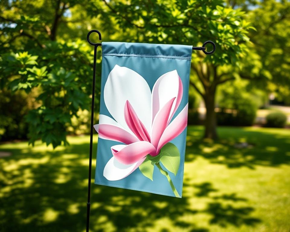 A vibrant magnolia garden flag swaying gently in the breeze, its delicate petals illuminated by the warm afternoon sunlight. The lush, verdant foliage of the magnolia trees forms a serene backdrop, casting soft shadows across the well-manicured lawn. In the foreground, the garden flag's intricate design features a beautifully rendered magnolia blossom, its elegant curves and subtle shades of pink and white capturing the natural beauty of this iconic flower. The scene evokes a sense of tranquility and invites the viewer to pause and appreciate the simple pleasures of outdoor living.