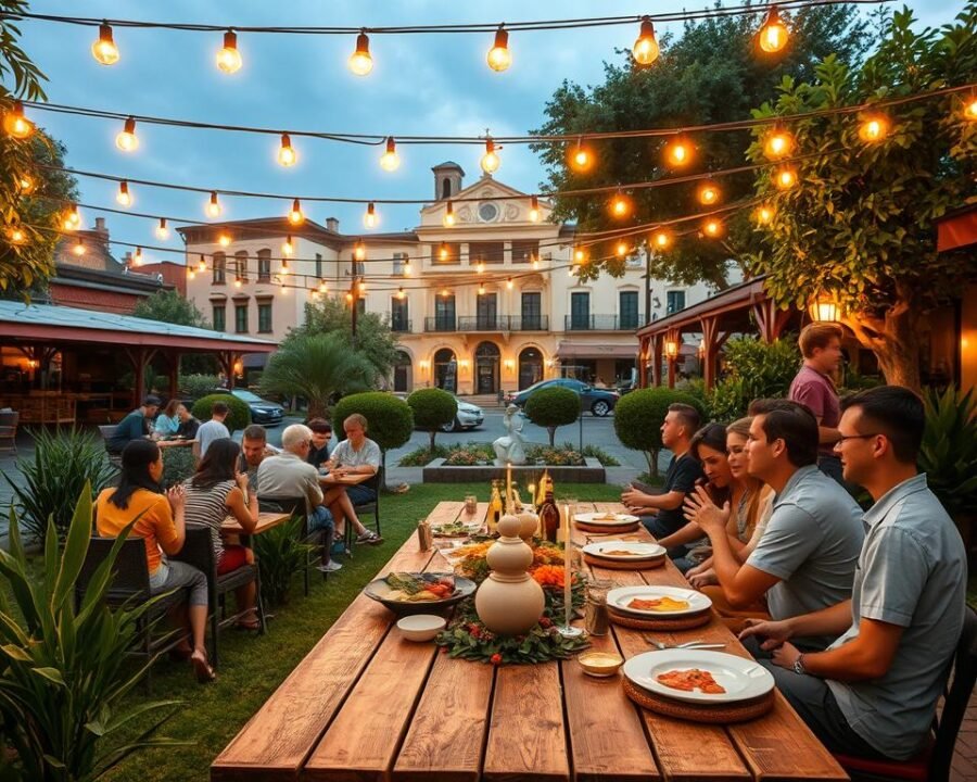 A vibrant outdoor dining experience at Mesita Garden City, set against a backdrop of lush greenery and charming architecture. A group of friends gathered around a long wooden table, enjoying local cuisine and lively conversation under the warm glow of string lights overhead. The scene is bathed in a soft, golden light, creating a cozy and inviting atmosphere. In the middle ground, a well-manicured garden with colorful flowers and sculptural elements adds to the overall ambiance. In the distance, the iconic buildings of Mesita Garden City's historic district stand tall, framing the scene.