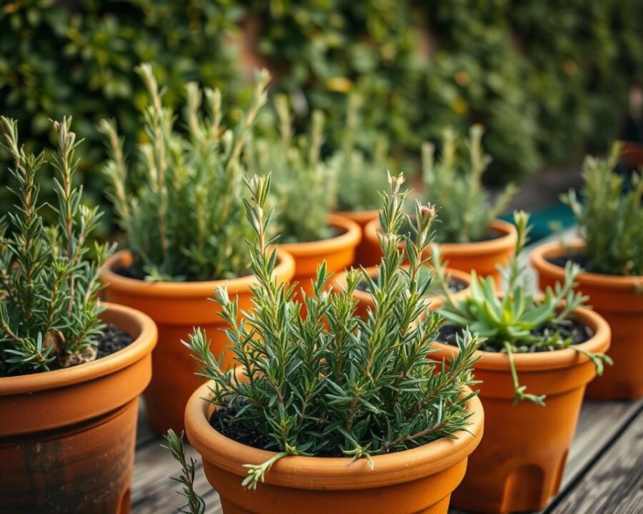 A vibrant outdoor garden scene with terracotta pots filled with lush, fragrant rosemary plants. The pots are set on a wooden table or potting bench, surrounded by soft, natural lighting and warm, earthy tones. The rosemary leaves glisten with a healthy, verdant sheen, and the plants are in various stages of growth, some just sprouting, others full and bushy. In the background, a wall of greenery or a rustic fence adds depth and a sense of tranquility to the composition. The overall mood is one of serenity and the joy of cultivating this versatile, aromatic herb.