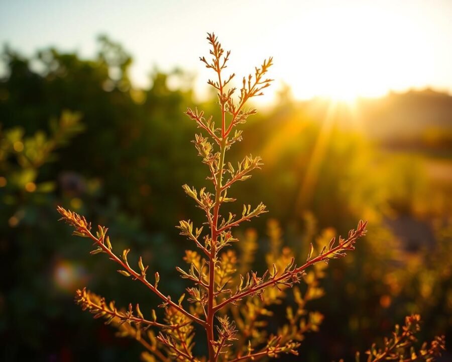 A vibrant rue plant bathed in warm, golden sunlight, its delicate leaves gently swaying against a serene backdrop of lush, verdant foliage. The plant is positioned in the foreground, capturing the viewer's attention with its intricate textures and captivating hues. The middle ground features a soft, blurred landscape, with hints of nearby flora that create a sense of depth and harmony. The background is dominated by a clear, azure sky, infused with the gentle glow of the sun, casting a tranquil and inviting atmosphere. The overall composition emphasizes the beauty and natural elegance of the rue plant, showcasing its optimal sunlight requirements for thriving growth.
