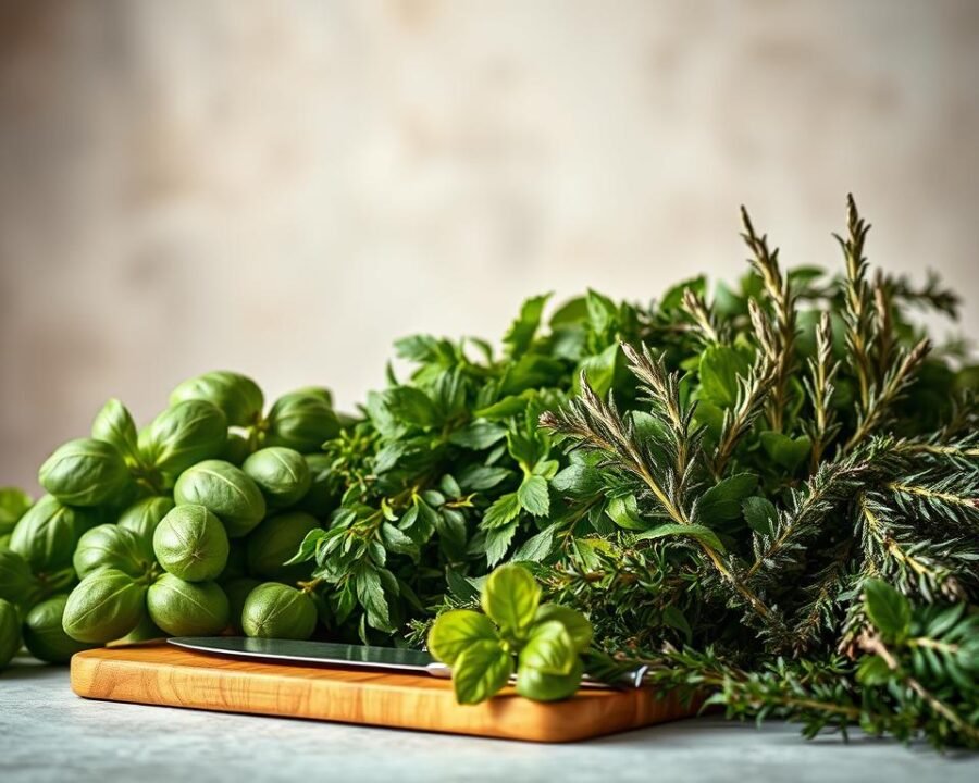 A vibrant still life depicting an array of culinary herbs against a softly blurred background. In the foreground, bunches of fresh basil, thyme, rosemary, and oregano are artfully arranged, their lush green leaves glistening under warm, directional lighting. The middle ground showcases a wooden cutting board with a stainless steel knife, hinting at the herbs' culinary applications. The background is a subtly textured neutral tone, allowing the herbs to take center stage. Captured with a shallow depth of field, the image exudes a sense of rustic elegance and invites the viewer to imagine the delectable dishes these herbs could enhance.