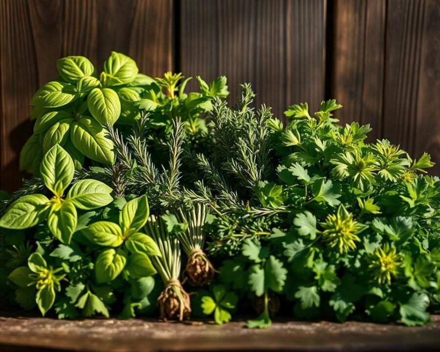 A vibrant still life showcasing an assortment of fresh culinary herbs against a rustic wooden backdrop. The herbs, including basil, rosemary, thyme, oregano, and parsley, are arranged in a visually appealing manner, casting soft shadows and bathed in warm, natural lighting. The overall composition evokes a sense of culinary abundance and the earthy, aromatic essence of homegrown herbs ready to elevate any dish. The image is captured with a shallow depth of field, gently blurring the background to focus the viewer's attention on the lush, verdant foliage and its tantalizing visual appeal.