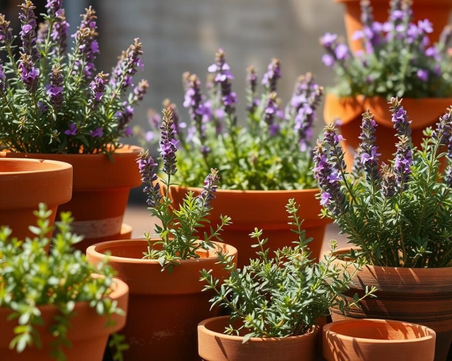 A vibrant still life showcasing lush thyme plants thriving in an assortment of terracotta containers. The foreground features terracotta pots of various sizes, their earthy tones contrasting with the verdant foliage of the thyme sprigs. The middle ground reveals the plants in full bloom, their delicate purple flowers creating a captivating display. Warm, natural lighting bathes the scene, casting gentle shadows and highlighting the textural details of the pottery and leaves. The background is a soft, blurred backdrop, allowing the containers and plants to take center stage. The overall composition conveys a sense of tranquility and the joy of cultivating herbs in a personal, urban setting.