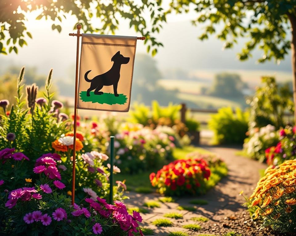 A vibrant, sun-dappled garden scene featuring a cheerful dog-themed garden flag proudly displayed on a wooden post. The flag's design showcases a playful canine silhouette against a backdrop of lush greenery and colorful blooms. The foreground is well-lit, with soft, warm lighting casting gentle shadows across the scene. The middle ground features a mix of perennial flowers, lush foliage, and a subtle path leading the viewer's eye towards the focal point - the garden flag. The background softly blurs into an atmospheric, dreamy landscape, creating a sense of depth and tranquility. The overall composition is balanced, inviting, and perfectly captures the essence of a charming dog-themed yard decoration.