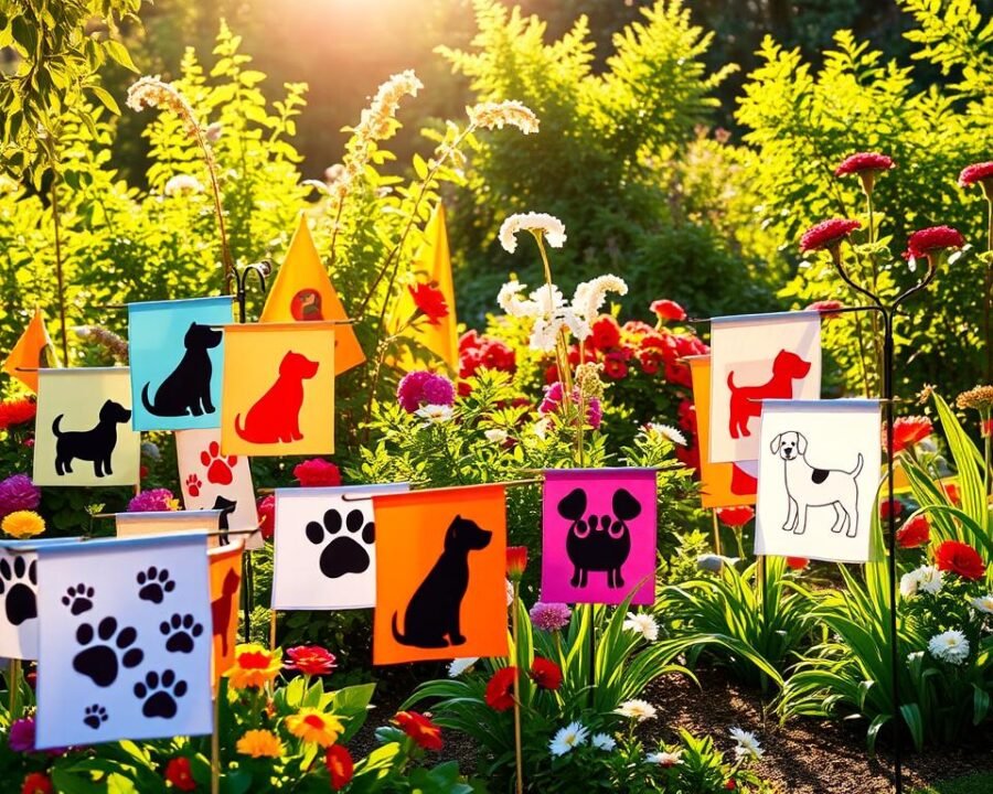 A vibrant, sun-dappled garden scene featuring an array of colorful dog-themed garden flags. In the foreground, an eclectic mix of flags proudly display playful pup silhouettes, paw prints, and whimsical dog illustrations. The middle ground showcases lush, blooming flowers and verdant foliage, creating a lush, inviting backdrop. Warm, golden sunlight filters through the scene, casting a cheerful glow and casting long shadows across the garden. The overall atmosphere is one of joyful celebration of our canine companions, perfect for the "Celebrating Your Canine Companion" section.