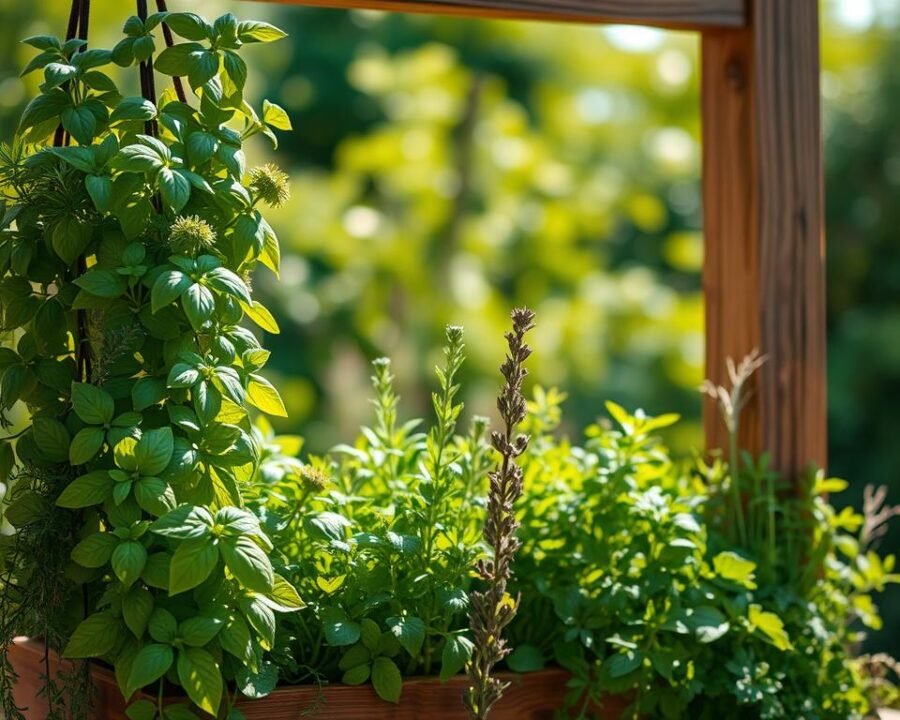 A vibrant, sun-dappled herb garden hanging from a rustic wooden frame. In the foreground, lush, verdant sprigs of basil, thyme, and rosemary bask in the warm sunlight, their leaves gently swaying. The middle ground showcases a diverse array of other herbs, such as oregano, chives, and parsley, creating a harmonious tapestry of colors and textures. In the background, a blurred, verdant backdrop of foliage frames the scene, adding depth and a sense of natural abundance. The lighting is soft and diffused, creating a serene, inviting atmosphere that captures the essence of a thriving, well-tended hanging herb garden.