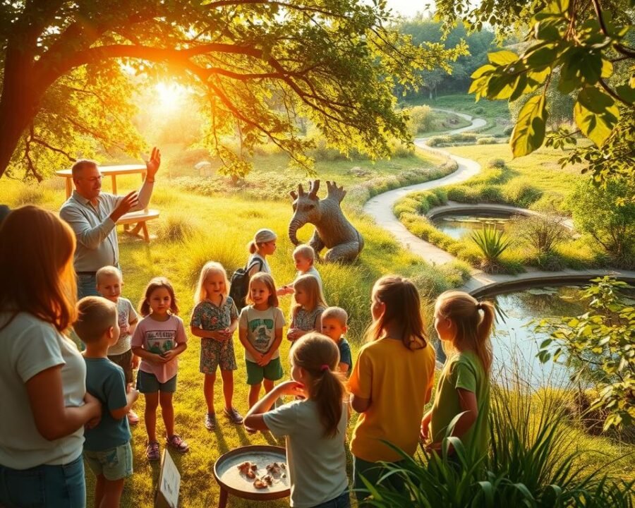 A vibrant, sun-dappled scene of an outdoor educational program for children and adults. In the foreground, a group of eager students gathers around an engaging instructor, gesturing animatedly as they explore specimens of flora and fauna. In the middle ground, a mix of hands-on learning stations and cozy seating areas invite deeper exploration. The background features a lush, verdant landscape of native plants, winding paths, and a tranquil pond reflecting the scene. Warm, natural lighting filters through the canopy, creating a welcoming, immersive atmosphere conducive to discovery and learning.