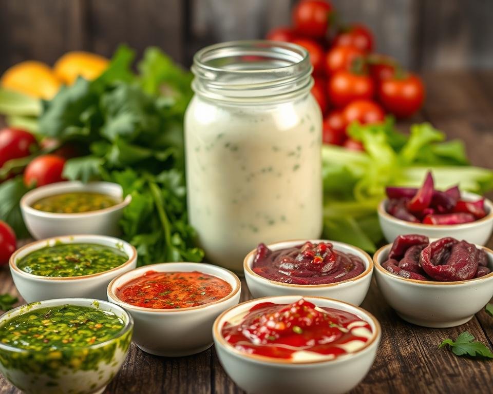 A vibrant tableau of garden-fresh ranch dressing variations, artfully arranged on a rustic wooden surface. In the foreground, an array of small bowls brimming with lively hues - emerald green chimichurri, fiery red harissa, and a swirl of velvety purple beet. Midground, a central jar of classic ranch, its creamy white base punctuated by flecks of fragrant herbs. Behind, a scattering of fresh produce - crisp radishes, juicy tomatoes, and leafy greens - hinting at the verdant origins of these inspired creations. Soft, natural lighting casts a warm glow, evoking the homespun charm of a well-tended kitchen garden. A composition that captures the spirit of culinary experimentation and the limitless potential of the humble ranch dressing.