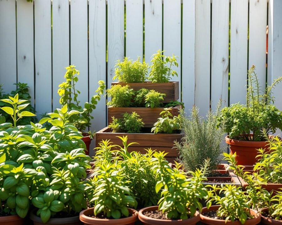 A vibrant, well-designed container herb garden set against a warm, sun-dappled backdrop. In the foreground, an array of neatly arranged planters overflowing with lush, fragrant herbs like basil, rosemary, and thyme. The middle ground features a rustic, wooden planter box or tiered stand, strategically placed to create visual interest. In the background, a whitewashed wooden fence or wall provides a clean, minimalist contrast, allowing the verdant herbs to take center stage. Soft, diffused lighting casts a gentle glow, accentuating the vibrant colors and textures of the plants. The overall composition exudes a sense of tranquility, inviting the viewer to imagine the delightful aromas and the joys of tending to a thriving, creative container herb garden.