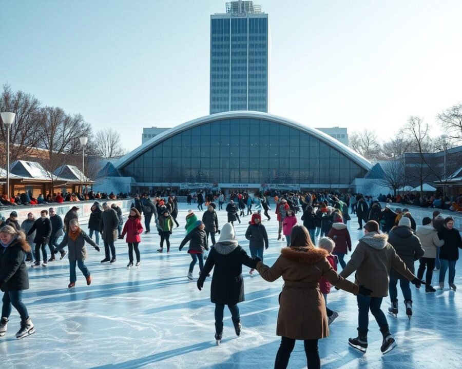 A vibrant winter scene at Parade Ice Garden, where people of all ages glide effortlessly across the frozen surface. In the foreground, skaters weave intricate patterns, their figures gracefully reflected in the ice. The middle ground is filled with families bundled in warm coats, watching the action from the sidelines. In the background, the iconic architecture of the ice rink stands tall, its glass walls catching the soft glow of the overhead lighting. The atmosphere is one of joy and togetherness, as the community comes together to enjoy this beloved winter tradition.
