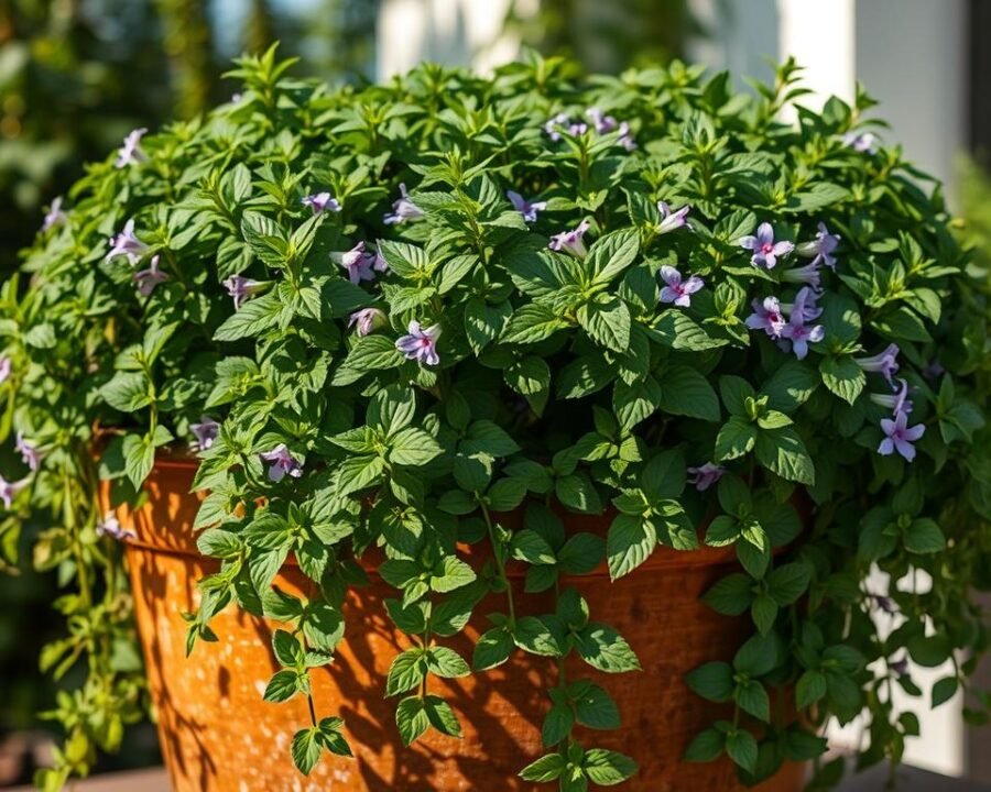 A vibrantly overgrown container filled with lush, cascading stems of invasive mint. The mint plants are bursting forth, their dark green leaves and delicate purple flowers spilling over the container's edges, creating an abundance of aromatic foliage. Sunlight dapples the scene, casting soft shadows that accentuate the textures of the leaves. The container is made of weathered terracotta, adding an earthy, rustic quality to the composition. The background is blurred, keeping the focus on the exuberant mint, a testament to its tenacious and unruly nature. The overall mood is one of verdant exuberance, highlighting the challenging but rewarding task of containing this resilient and flavorful herb.