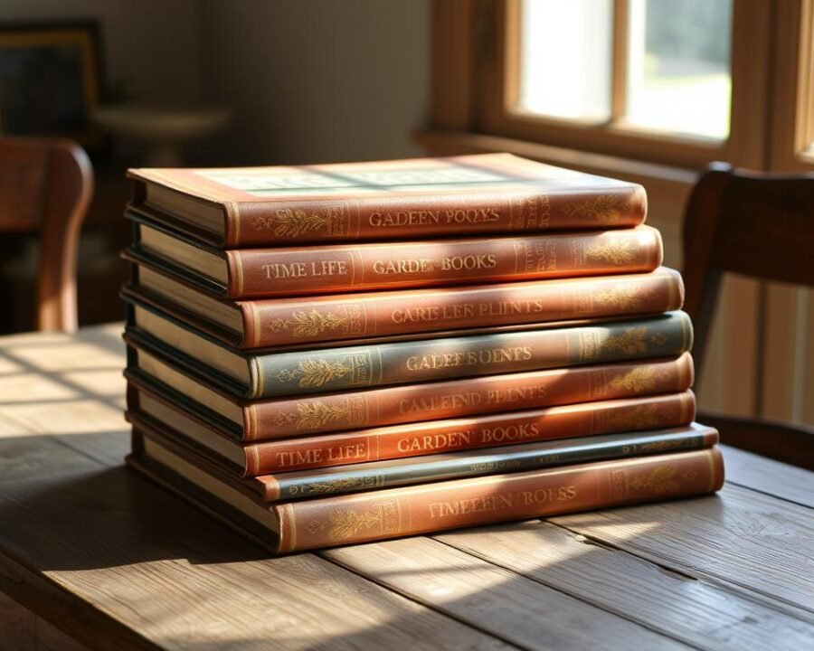 A vintage stack of hardcover Time Life Garden Books, meticulously crafted with a timeless elegance. The books have a warm, aged patina, their spines adorned with ornate golden text and intricate floral motifs. Positioned on a weathered wooden table, the collection is bathed in soft, natural light filtering through a nearby window, casting gentle shadows that accentuate the tactile quality of the materials. The overall scene exudes a sense of nostalgia and a reverence for the horticultural knowledge and aesthetic sensibilities that these iconic publications have imparted to generations of gardeners.