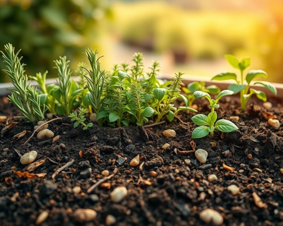 A visually appealing close-up photograph of an assortment of natural ingredients for an ideal soil mix for growing herbs. The foreground features a rich, dark soil blend with visible organic matter like compost, peat moss, and vermiculite. Interspersed are small stones and dried leaves for drainage and aeration. The middle ground showcases vibrant green herbs like rosemary, thyme, and basil, growing healthily in the soil. The background is a soft, blurred natural landscape, hinting at a bountiful outdoor garden. The lighting is warm and natural, casting gentle shadows that accentuate the texture of the soil. The overall tone is one of lush, abundant growth and nourishment for thriving herb plants.