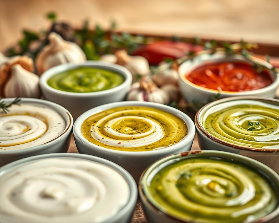 A visually appealing still life composition showcasing an assortment of garlic herb sauce variations. In the foreground, an array of small bowls brimming with different sauces - creamy white, vibrant green, rustic red. Swirls of fragrant herbs and spices, glistening with olive oil, create a tantalizing display. The middle ground features fresh ingredients like garlic, shallots, and sprigs of thyme, hinting at the homemade nature of these sauces. The background is softly blurred, allowing the sauces to take center stage under gentle, warm lighting that casts a cozy, inviting atmosphere. The overall scene evokes a sense of culinary creativity and the mouthwatering potential of these flavorful garlic herb sauce variations.