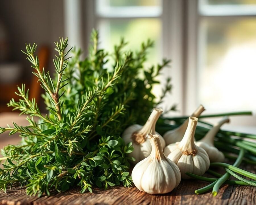A visually stunning still life featuring a bountiful arrangement of fresh herbs and garlic on a rustic wooden surface. In the foreground, a vibrant bundle of aromatic rosemary, thyme, and chives stand tall, their vibrant green hues and delicate textures capturing the eye. Nestled amongst the herbs, several plump garlic bulbs emit a warm, earthy aroma, their papery skins contrasting beautifully with the lush greenery. The middle ground is softly illuminated by natural light filtering through a window, casting a gentle glow and creating captivating shadows that add depth and dimension to the scene. The background is slightly blurred, allowing the viewer to focus on the main subjects and their alluring culinary appeal, perfect for evoking the essence of a homemade ranch dressing.