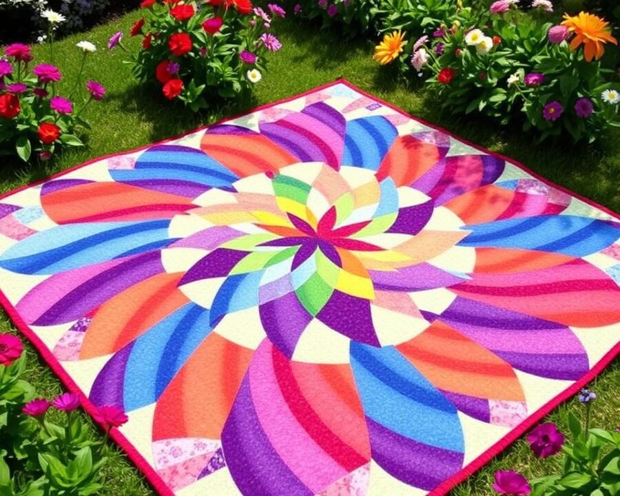 A vividly colored pinwheel quilt pattern sprawls across a serene garden landscape, framed by lush greenery and vibrant blooms. The pattern's intricate geometric design creates a mesmerizing visual focal point, with each pinwheel segment radiating outward in a harmonious kaleidoscope of saturated hues. Soft, diffused natural lighting bathes the scene, casting gentle shadows and highlights that accentuate the quilt's varied textures and dimensions. The overall composition conveys a sense of tranquility and handcrafted beauty, perfectly capturing the essence of the "Pinwheel Garden Quilt" and its step-by-step instructions.