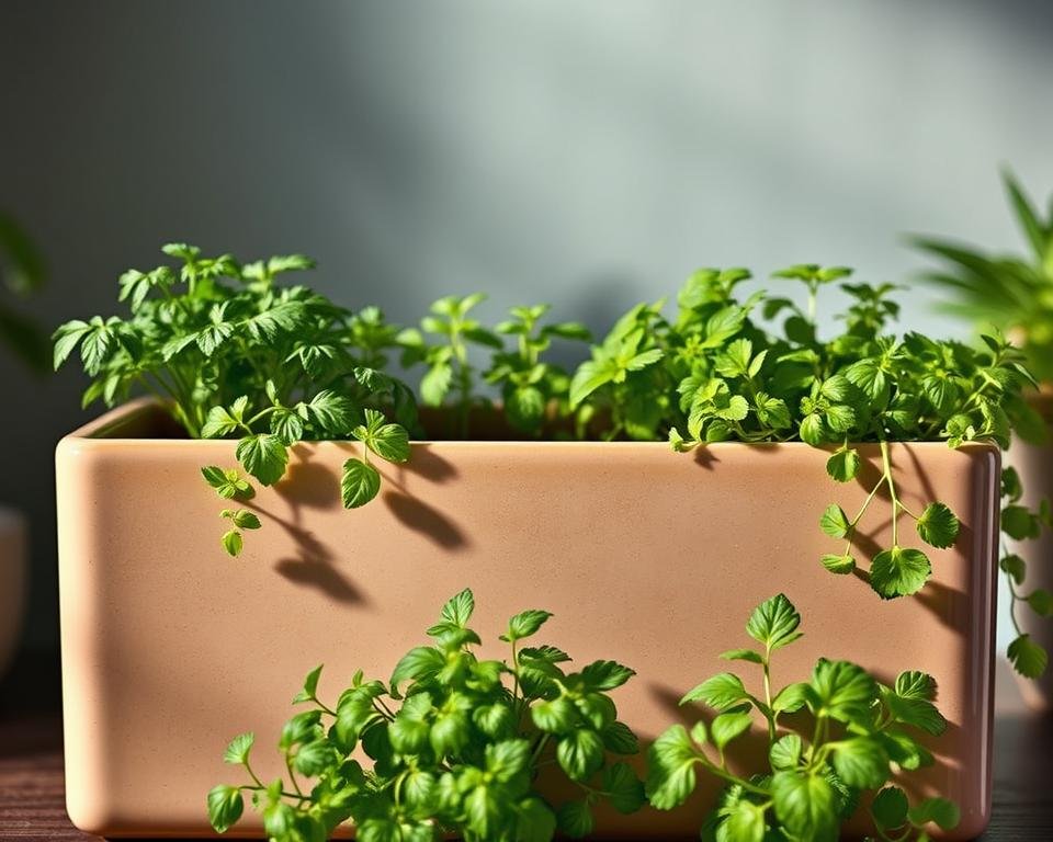 A well-crafted, durable herb planter with a modern, minimalist design. The planter features a sleek, rectangular shape with clean lines and a smooth, glazed ceramic exterior in a neutral, earthy tone. The middle section showcases a raised, slatted drainage platform to promote optimal soil aeration and water drainage. In the foreground, lush, vibrant herb plants cascade over the planter's edges, creating a natural, inviting display. Soft, diffused lighting from above casts gentle shadows, highlighting the planter's elegant simplicity and the plants' verdant textures. The overall scene conveys a sense of serene, low-maintenance gardening that would seamlessly complement any contemporary indoor or outdoor living space.