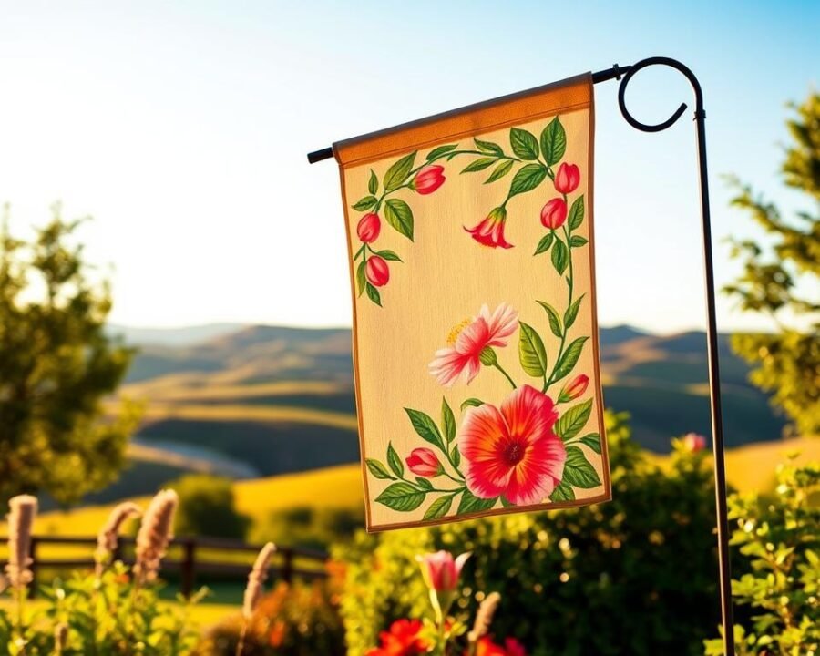 A well-curated garden flag fluttering in the gentle breeze, featuring a vibrant floral design with lush greenery framing its edges. The flag is made of high-quality, weather-resistant fabric, illuminated by warm, golden sunlight casting a soft glow. The scene is captured from a slightly elevated angle, giving a comprehensive view of the flag's intricate pattern and sturdy construction. The background is a serene, picturesque landscape, with rolling hills and a clear blue sky, creating a tranquil, inviting atmosphere perfect for a garden or outdoor setting.