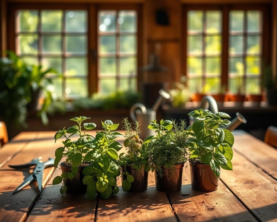 A well-curated herb garden starter kit rests on a rustic wooden table, bathed in warm, natural lighting. In the foreground, a selection of vibrant, freshly potted herbs - basil, rosemary, thyme, and oregano - stand ready to be transplanted. The middle ground features a few essential gardening tools, such as pruning shears, a small trowel, and a watering can. In the background, a window offers a glimpse of a lush, verdant outdoor space, hinting at the future growth and flourishing of the herbs. The overall scene conveys a sense of calm, excitement, and the promise of a bountiful, homegrown herb garden.