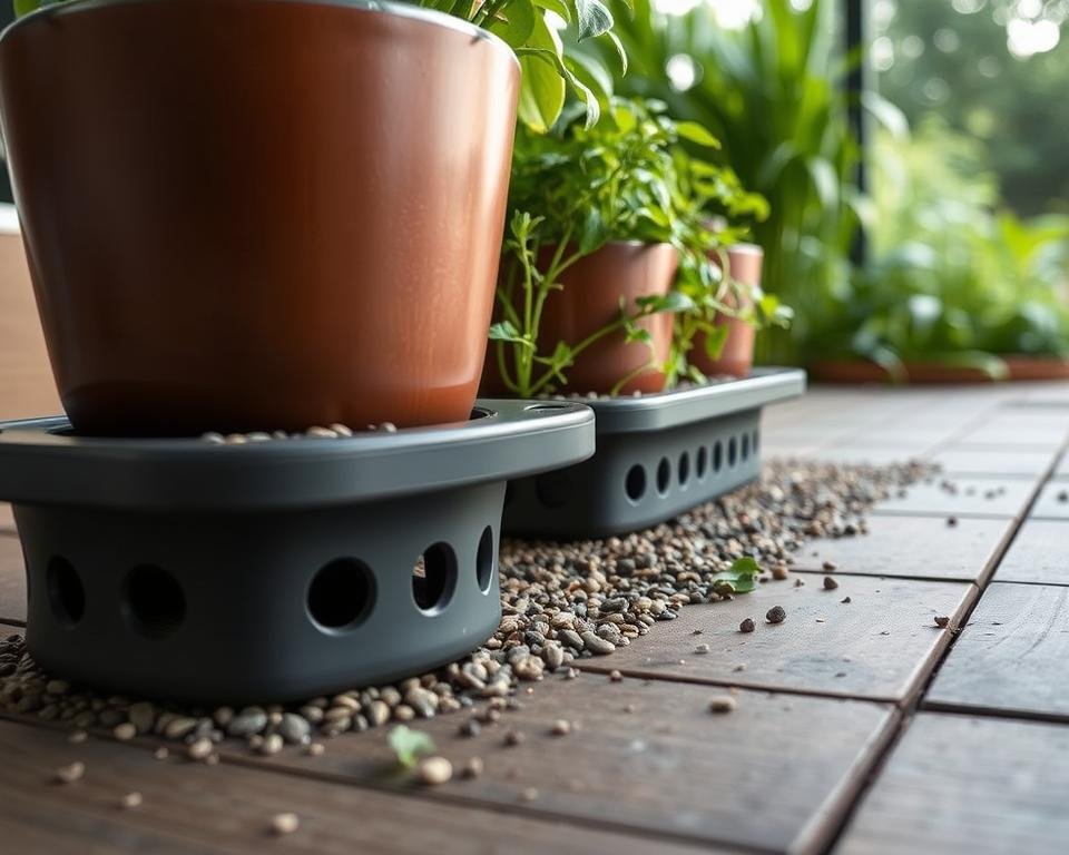 A well-designed herb planter with intricate drainage system, showcased in a soft, natural lighting. The foreground features a close-up view of the planter's base, revealing a carefully engineered drainage setup - a series of strategically placed holes and gravel layers that allow excess water to efficiently flow out, preventing root rot and ensuring healthy herb growth. The middle ground showcases the planter's sleek, minimalist design in earthy tones, seamlessly blending with the surrounding environment. The background subtly hints at a lush, verdant herb garden, setting the stage for the importance of proper drainage in cultivating thriving herb plants.
