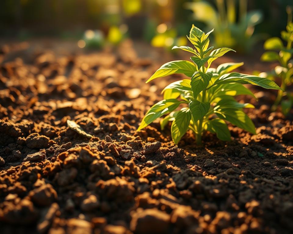 A well-drained, nutrient-rich soil bed for a thriving basil plant, bathed in warm, golden sunlight. The foreground features a close-up view of the soil's texture, revealing a loose, crumbly consistency with visible organic matter. The middle ground showcases a lush, green basil plant, its leaves gently swaying in a soft breeze. The background depicts a serene, garden-like setting, with hints of other herbs and vegetation complementing the basil's vibrant presence. The overall composition conveys a sense of healthy growth, balance, and the ideal conditions for cultivating a bountiful basil harvest.