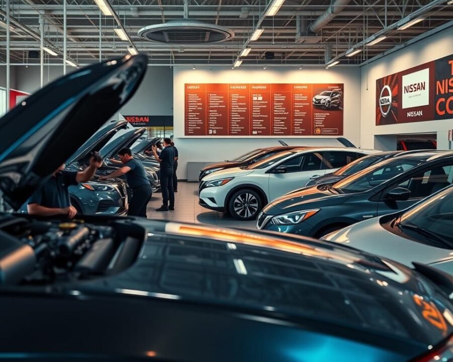 A well-equipped Nissan service center, with a sleek and modern interior. In the foreground, a team of skilled technicians diligently working on a Nissan vehicle, their hands deftly maneuvering tools and parts. The middle ground showcases a variety of Nissan models, each in pristine condition, awaiting their turn for maintenance and repair. In the background, a wall-mounted display showcases the range of Nissan services offered, from oil changes to engine overhauls, all illuminated by warm, overhead lighting that casts a welcoming glow throughout the space. The scene conveys a sense of professionalism, efficiency, and a dedication to providing comprehensive Nissan services to customers.