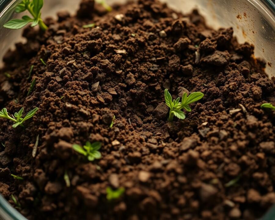 A well-lit close-up of a rich, fertile herb soil mix in a glass container or planter. The soil is a deep, earthy brown, with flecks of green moss and dried leaves visible throughout. The texture is crumbly and inviting, with a hint of loamy aroma. Scattered across the surface are a few vibrant green herb sprigs, their leaves gently unfurling. Soft, diffused lighting casts warm tones and gentle shadows, highlighting the organic, natural composition. The overall impression is one of a nourishing, well-balanced foundation for thriving herb plants.
