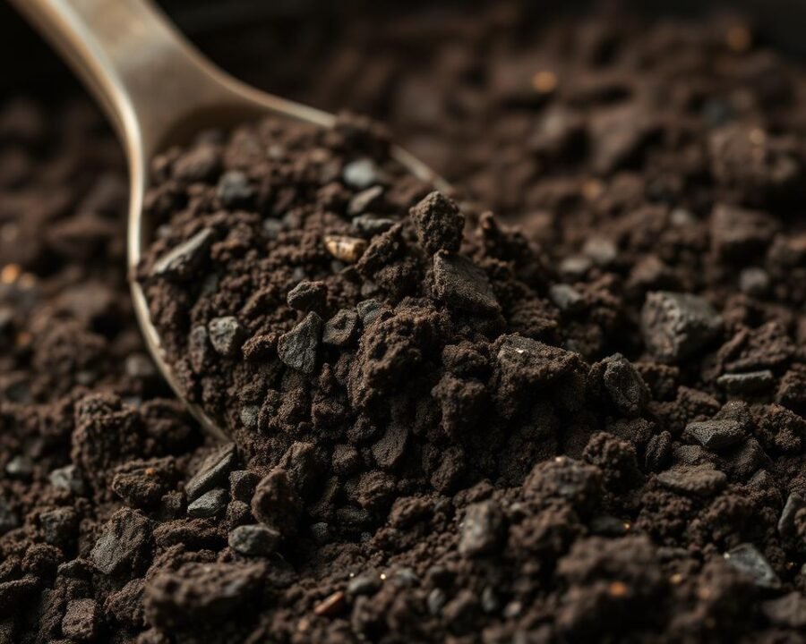 A well-lit, close-up photograph of a blend of dark, rich potting soil mix composed of premium peat moss, vermiculite, and slow-release organic fertilizers. The soil is freshly scooped, revealing its lush, textured surface with hints of natural earthy tones. The image captures the ideal consistency and composition for healthy, thriving indoor herb plants, conveying a sense of quality, vitality, and the essential elements for successful herb cultivation.