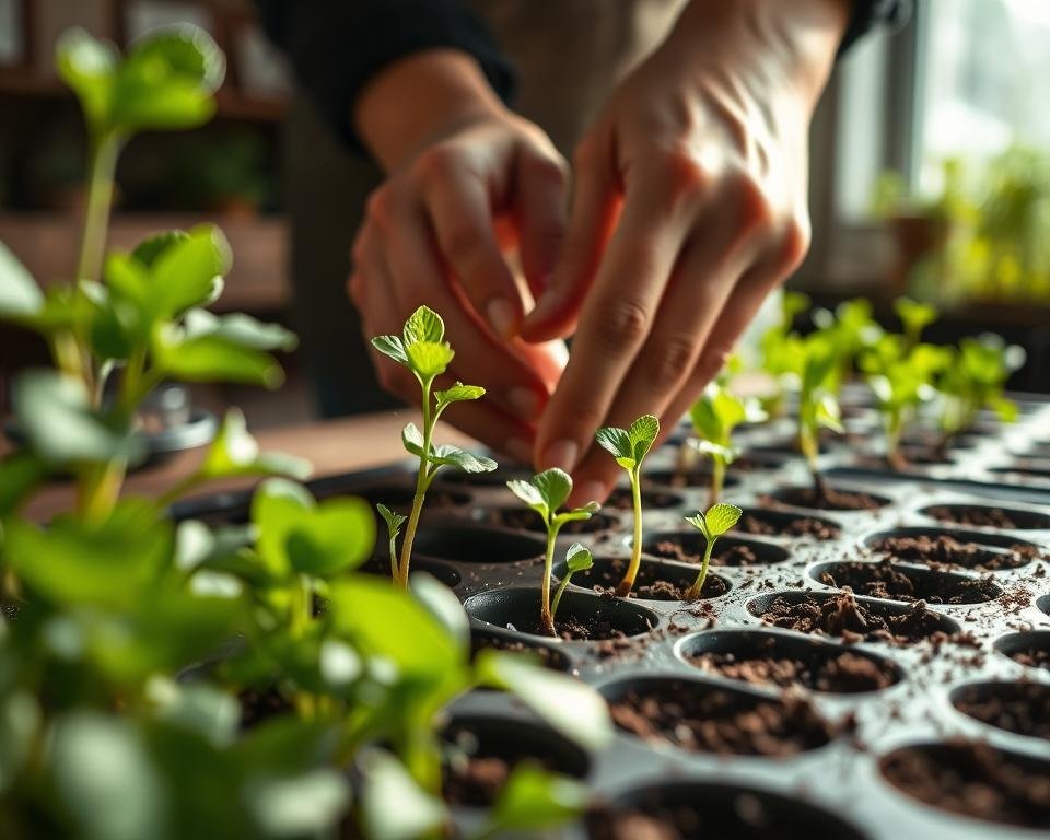 A well-lit, close-up scene of a person's hands delicately sowing rue seeds into moist soil, with lush green rue leaves in the foreground and a propagation tray in the middle ground. The background shows a rustic potting bench or gardening table, with natural lighting filtering in from a window. The mood is serene and focused, capturing the care and attention required for successful rue propagation.