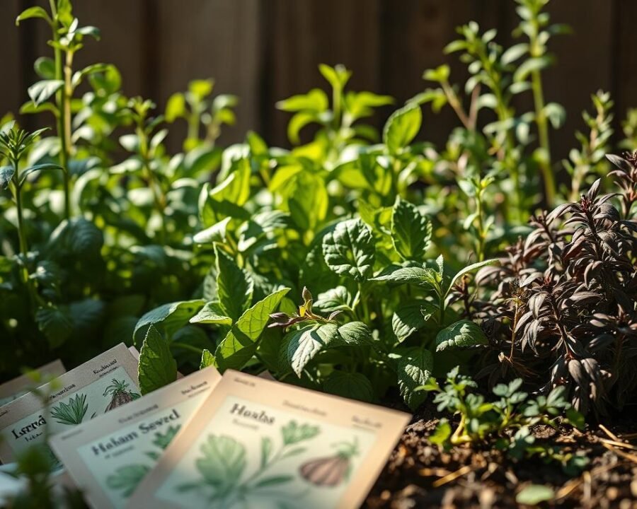 A well-lit, close-up shot of an herb garden, showcasing a variety of herbs and seeds. In the foreground, a selection of seed packets in muted earthy tones, with detailed illustrations of the plant types. In the middle ground, lush, vibrant herb plants in various stages of growth, their leaves and stems gently illuminated by soft, natural lighting. The background features a rustic wooden backdrop, adding depth and a sense of warmth to the scene. The overall composition conveys a sense of abundance, vitality, and the joy of cultivating one's own herbs.
