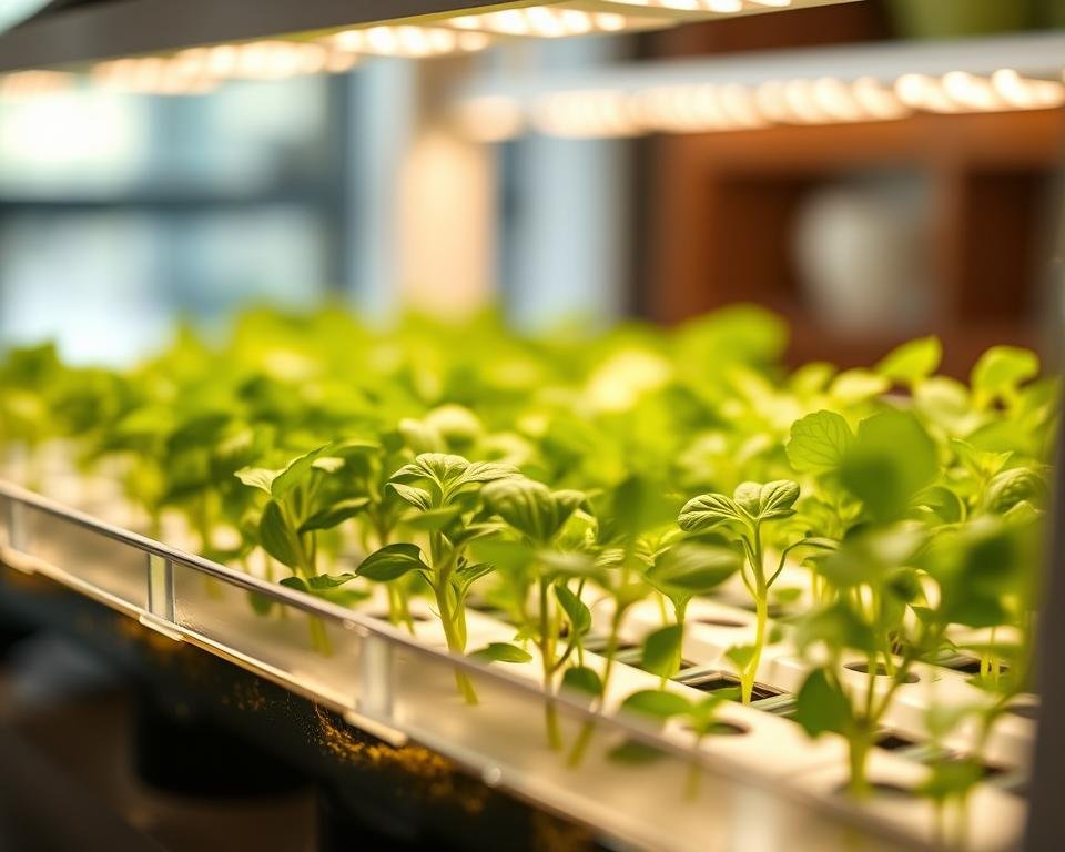 A well-lit, close-up shot of an indoor hydroponic system, showcasing the iDOO Hydroponics Growing System. The system features a sleek, modern design with a clear acrylic or glass housing, allowing the viewer to see the lush, verdant plants thriving in the water-based environment. The plants are evenly spaced, with vibrant leaves and healthy stems. The background is blurred, creating a soft, focus-driven composition that emphasizes the system's elegant and minimalist aesthetic. The lighting is warm and natural, casting a gentle glow on the plants and accentuating their vibrant colors. The overall scene conveys a sense of simplicity, efficiency, and the joy of growing fresh herbs at home.