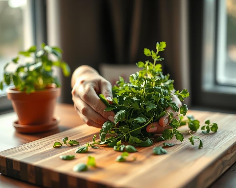 A well-lit, close-up view of a person's hands carefully harvesting fresh, vibrant green herbs from a potted indoor plant. The herbs are neatly arranged on a wooden cutting board, their leaves glistening with morning dew. The background is blurred, focusing the viewer's attention on the intricate details of the harvesting process. Soft, natural lighting from a nearby window casts a warm, soothing glow on the scene, highlighting the textures and hues of the herbs. The overall atmosphere is one of tranquility and mindfulness, capturing the essence of tending to and using homegrown indoor herbs.