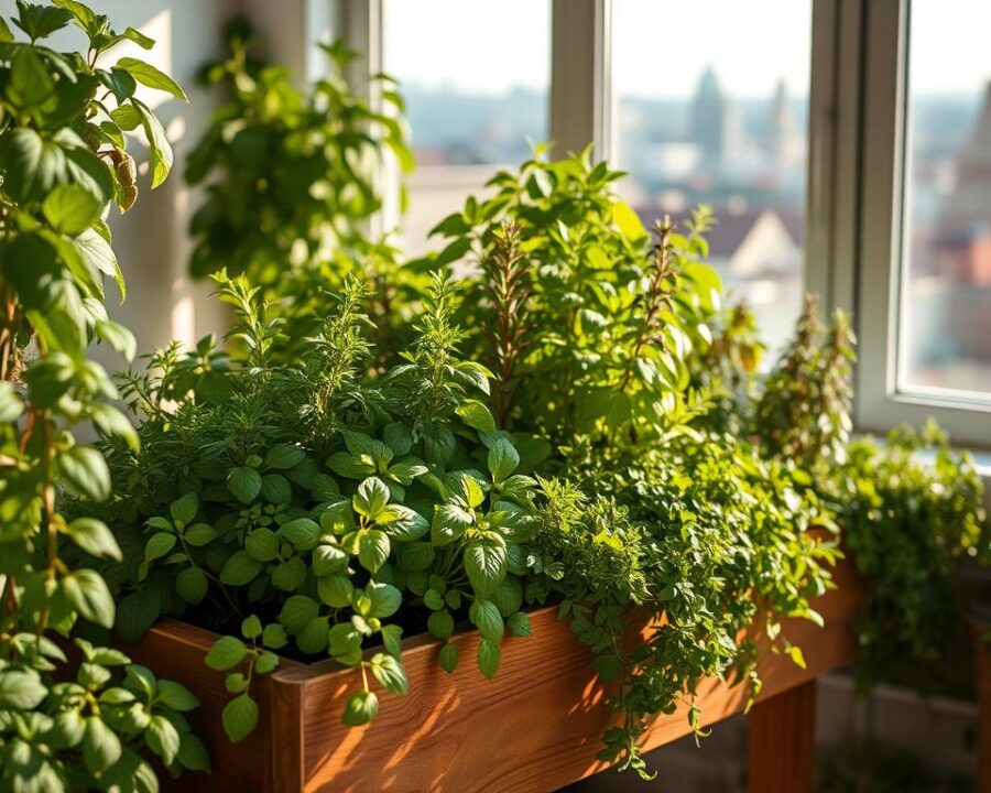 A well-lit, cozy kitchen herb garden overflowing with lush, verdant foliage. In the foreground, a variety of herbs - fragrant basil, aromatic rosemary, and vibrant oregano - thrive in a compact, tiered planter against a bright, airy backdrop. Soft natural light filters in, casting warm shadows and creating a serene, inviting ambiance. The middle ground features a wooden potting bench, its rustic charm complementing the greenery. In the background, a large window overlooking a picturesque urban landscape adds depth and a sense of connection to the outdoors. The overall scene evokes a harmonious balance of productivity and tranquility, perfect for an article showcasing herbs that flourish in small spaces. A well-lit, cozy kitchen herb garden overflowing with lush, verdant foliage. In the foreground, a variety of herbs - fragrant basil, aromatic rosemary, and vibrant oregano - thrive in a compact, tiered planter against a bright, airy backdrop. Soft natural light filters in, casting warm shadows and creating a serene, inviting ambiance. The middle ground features a wooden potting bench, its rustic charm complementing the greenery. In the background, a large window overlooking a picturesque urban landscape adds depth and a sense of connection to the outdoors. The overall scene evokes a harmonious balance of productivity and tranquility, perfect for an article showcasing herbs that flourish in small spaces.