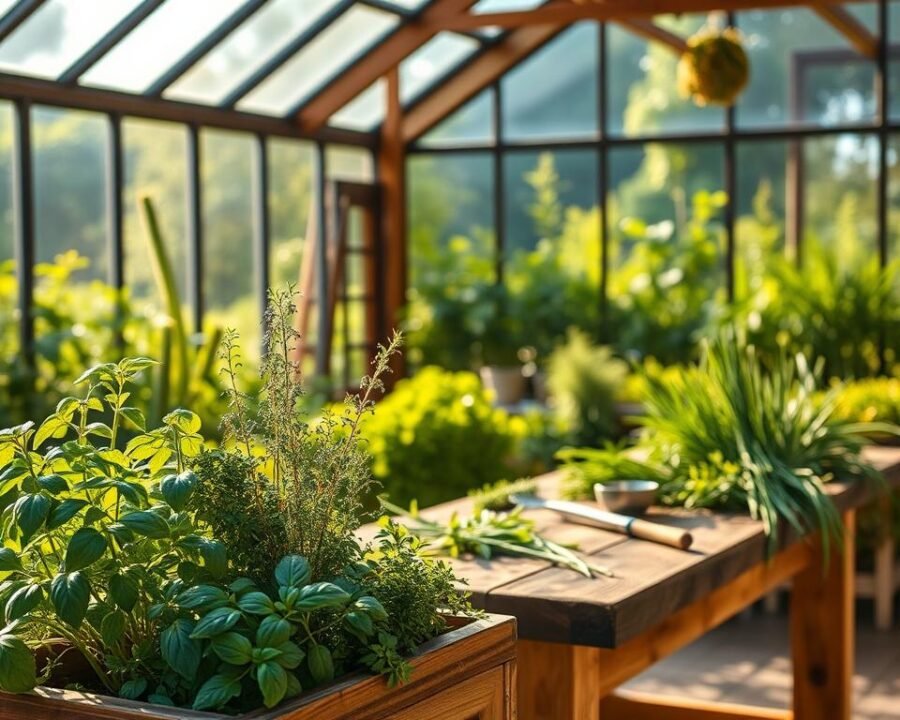 A well-lit, cozy salad bar herb garden, bathed in warm afternoon sunlight filtering through a large, glass-paneled greenhouse. In the foreground, a variety of fresh herbs - basil, oregano, thyme, rosemary, and chives - stand tall in raised wooden planters, their vibrant green leaves gently swaying. The middle ground showcases a rustic, wooden harvest table, adorned with a scattering of freshly picked herbs and a few simple kitchen tools, inviting the viewer to immerse themselves in the culinary experience. The background features lush, verdant foliage outside the greenhouse, hinting at a bountiful outdoor garden beyond. The overall atmosphere is one of tranquility, nourishment, and a connection to the natural world.