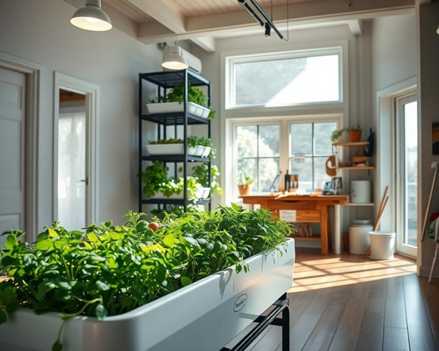 A well-lit, detailed interior scene of a sunny, modern home hydroponic garden setup. In the foreground, a sleek, minimalist hydroponic planter system with various herbs and leafy greens thriving. In the middle ground, tall shelving units holding additional hydroponic units, a workbench with gardening tools, and natural light streaming in through large windows. The background features white walls, hardwood floors, and a sense of openness and airiness. The overall mood is one of tranquility, productivity, and a love for sustainable, homegrown food.