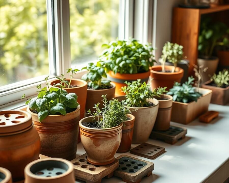 A well-lit, high-angle photograph of an assortment of beautiful herb containers with intricate drainage systems. The foreground features a variety of terracotta, ceramic, and wooden planters in earthy tones, each with carefully designed drainage holes and trays. The middle ground showcases thriving herb plants like basil, rosemary, and thyme, their lush foliage spilling over the container edges. The background depicts a serene, sun-dappled windowsill, reflecting the containers' harmonious integration into a cozy, inviting indoor setting. The lighting is soft and natural, accentuating the textures and colors of the containers and herbs. The overall composition conveys a sense of tranquility and the perfect balance between form and function.
