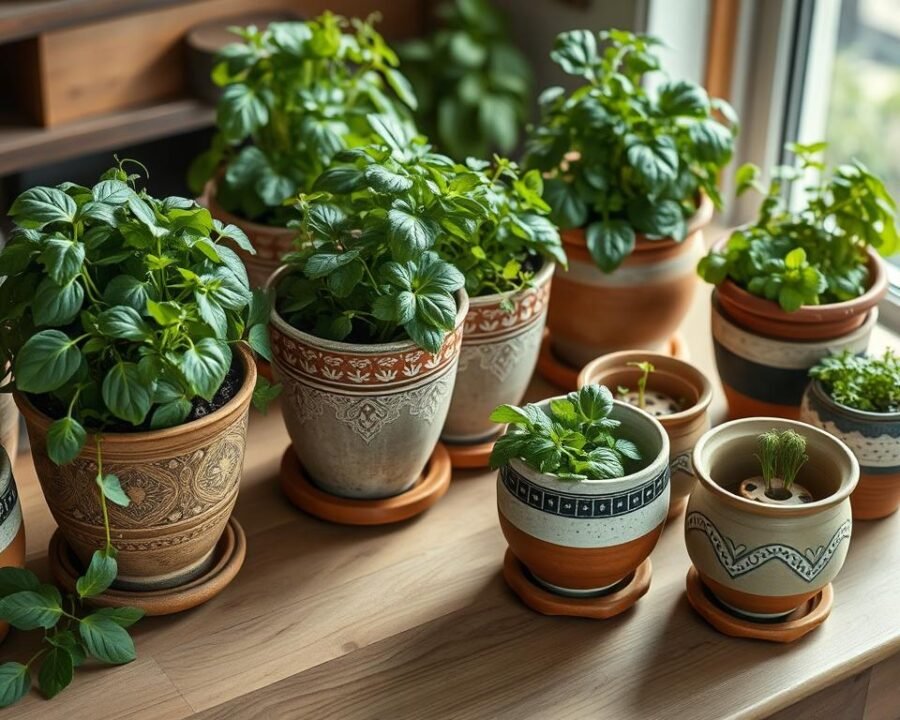 A well-lit, high-angle shot of an assortment of beautiful herb pots arranged on a wooden table. The pots feature intricate designs and a range of earthy tones, complementing the natural wooden surface. Lush, vibrant herb plants spill over the pot rims, their leaves gently swaying in a soft breeze. The pots are elevated on small platforms, showcasing their elegant drainage systems. The composition is balanced, drawing the eye to the varied textures and forms of the pottery. The overall mood is one of organic tranquility, inviting the viewer to imagine the joy of cultivating a thriving potted herb garden.